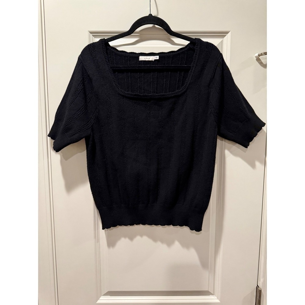 Lush Black Pointelle Knit Square Neck Short Sleeve Sweater Top LT18281-047 Large